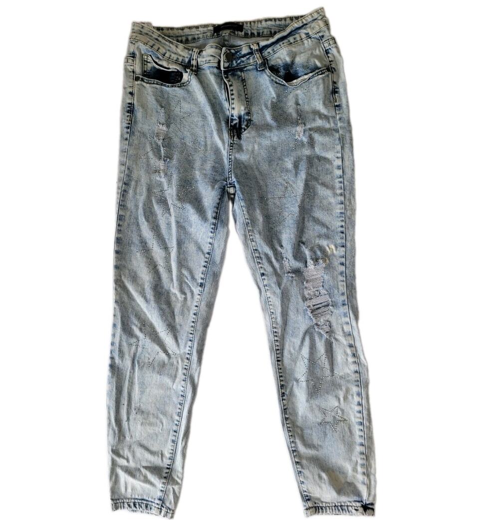 Between Us Womens 16 Bedazzled Star Acid Wash Distressed McBling Denim Jeans